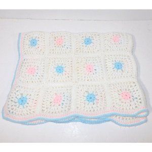 Vintage Hand Crochet White Pastel Pink Blue Knit Baby Infant Crib Blanket